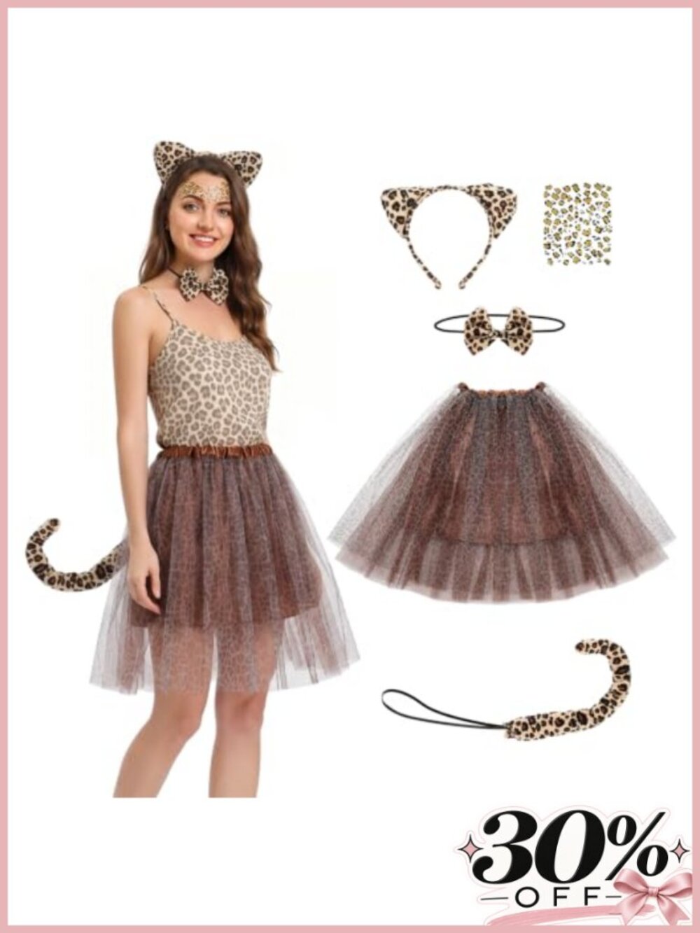 Leopard Costume Set Ears Headband Bow Tie Tail Chiffon Skirt Women Halloween
